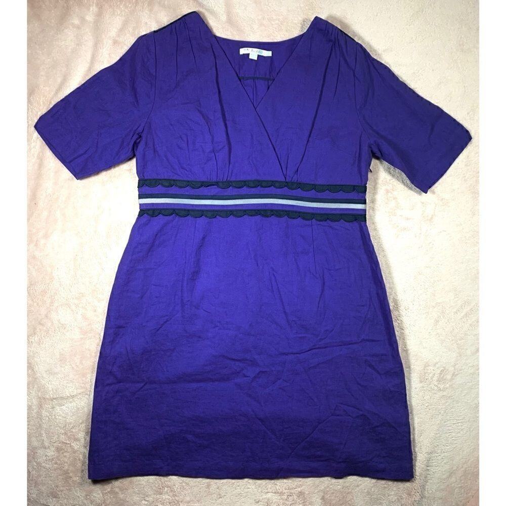 Boden Womens 100% Linen Wrap Dress Purple Periwinkle Scallop Trim Empire 14R